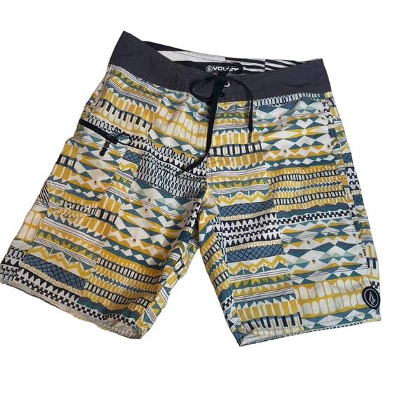VOLCOM 29‎ Blue Yellow Boardshort Swim Trunks Zip Pocket Drawstring Black - Picture 1 of 3